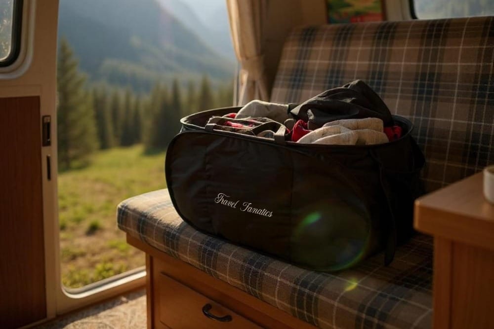 Travel Fanatics Collapsible Laundry Basket in an RV, showcasing its space-saving design and durability for mobile living.