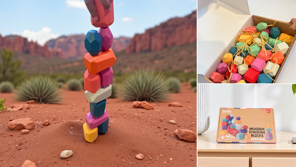 Colorful Bunmo wooden stacking blocks that inspire creativity, fine motor skills, and mini art builds—like a tiny Seven Magic Mountains.